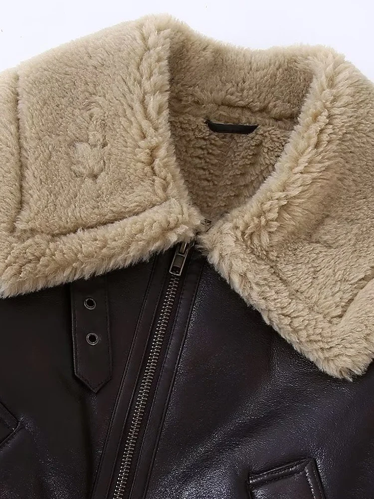 2022 Women's Pu Coat Winter Thick Warm Coat Faux Leather Vintage Jacket Cropper Ladies Streetwear Outwear Pockets Outwear Tops