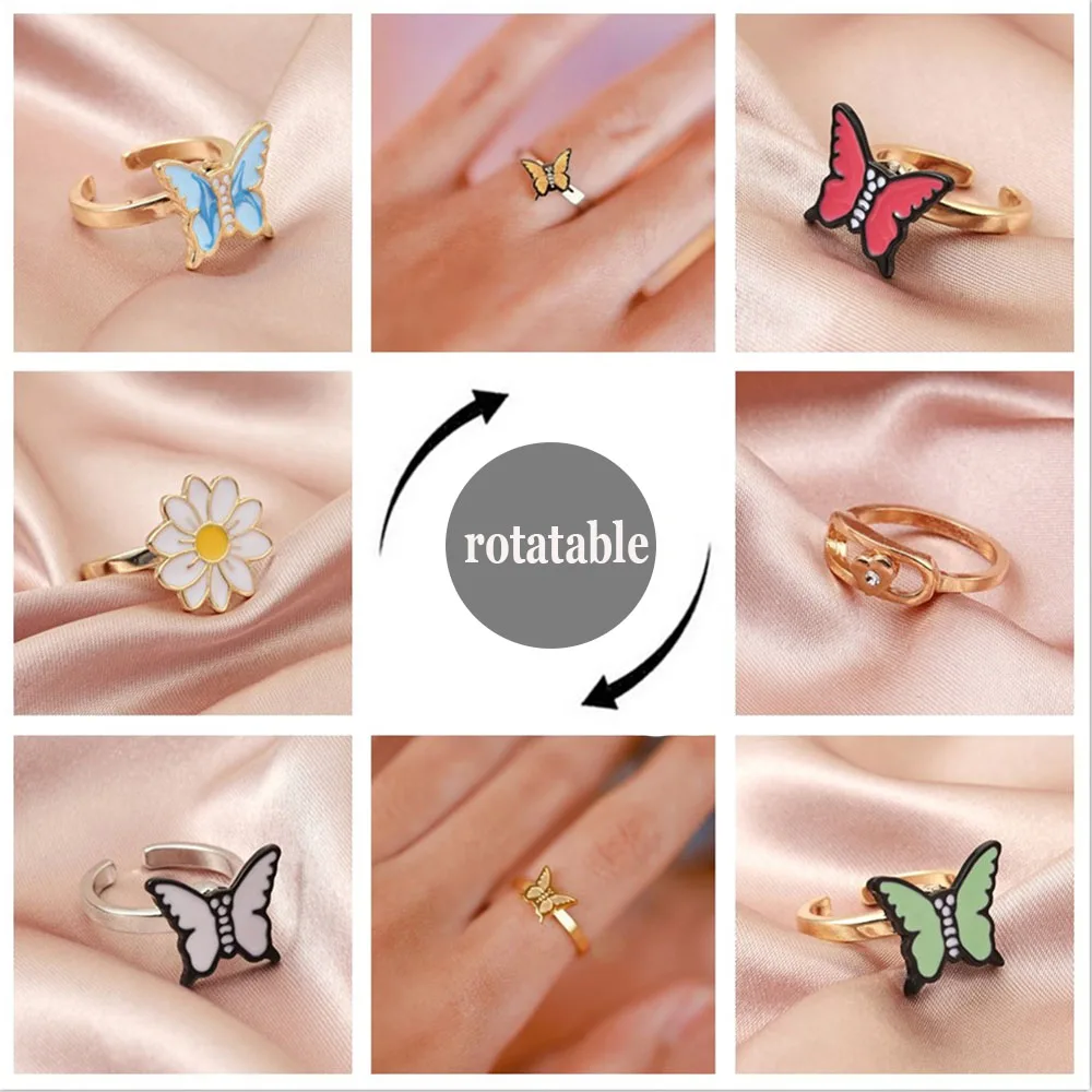 

Adjustable Women Spinner Rings Rotatable Fidget Anxiety Ring Cute Butterfly and Daisy Flower Rings Fashion Jewelry Gift