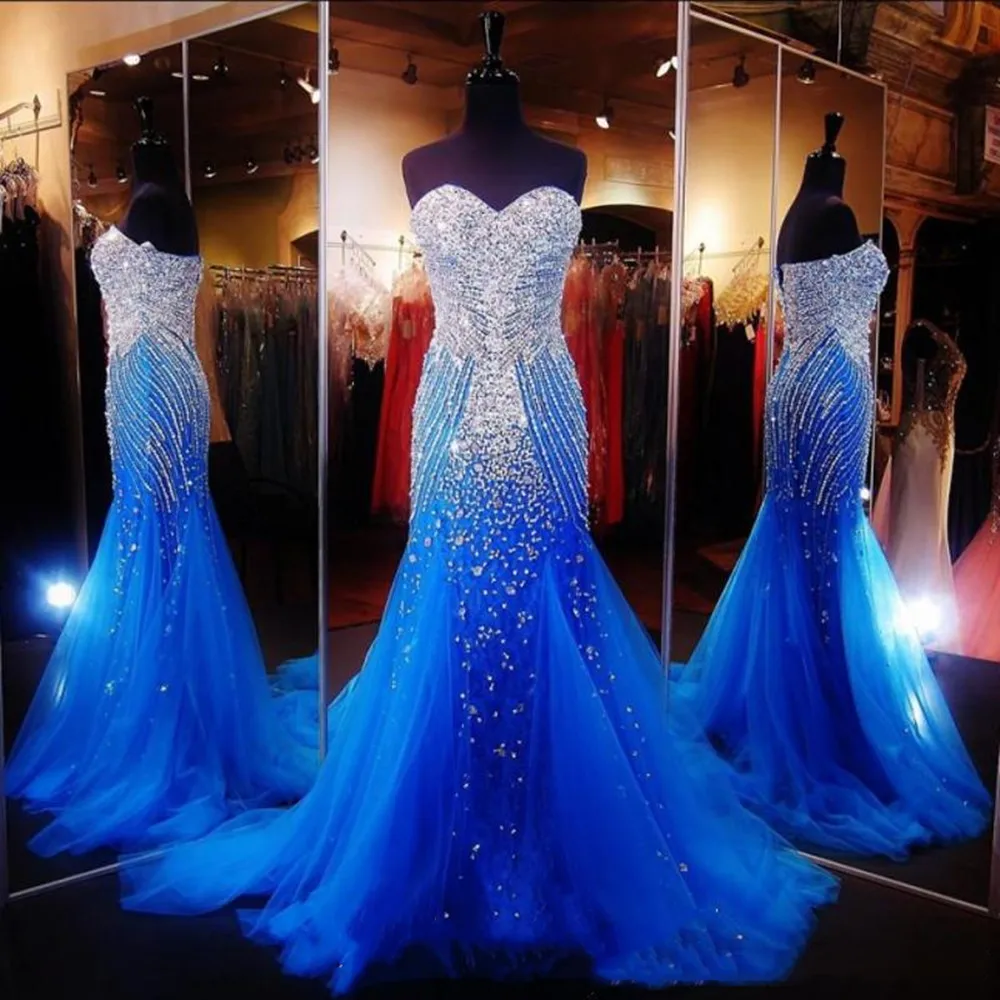 

Luxury Royal Blue Mermaid Long Prom Formal Dress Sweetheart Beading Sequin Evening Party Gown Arabic Dubai Robes De Soirée