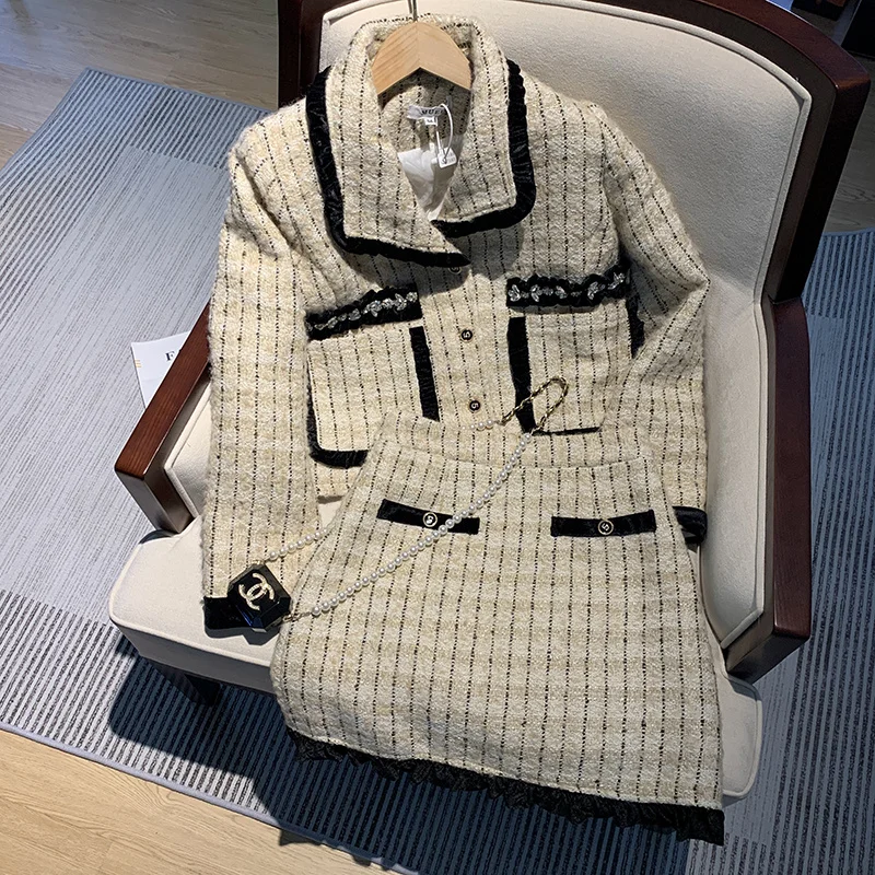 

Korean Office Ladies Slim Fit Tweed Skirts Set Women Autumn Single Breasted Short Coat Wrap Mini Skirt Elegant 2 Piece Set G247
