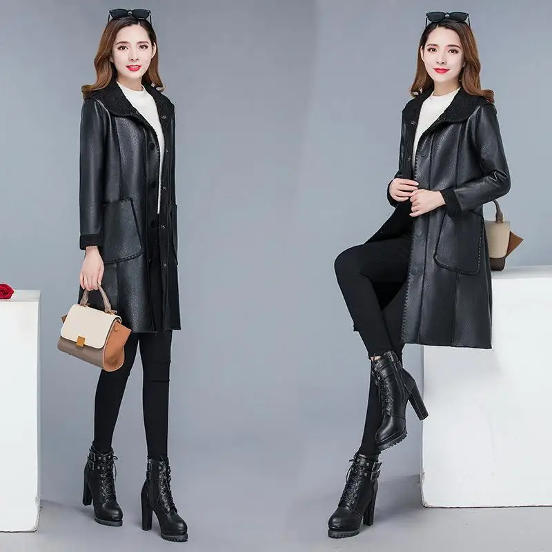 Autumn and Winter New Fur One Ladies Jacket Lambs Wool Mid-length Leather Coat enlarge