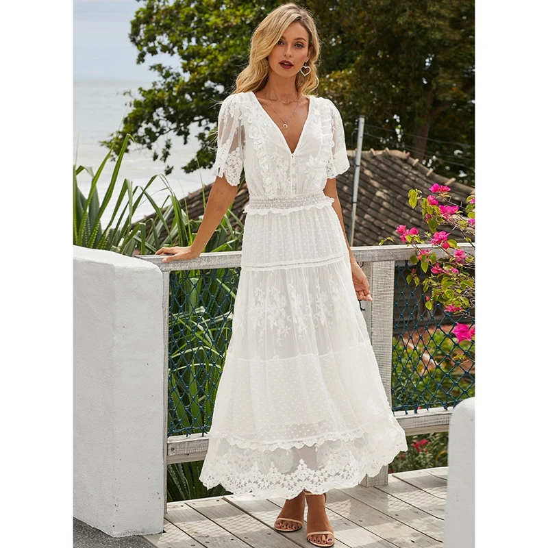 

White Beach Hollow Out Dress Sexy Women Summer Lace Dresses Bohemian Cross Semi-Sheer Plunge V-Neck Short Sleeve Maxi Long Dress