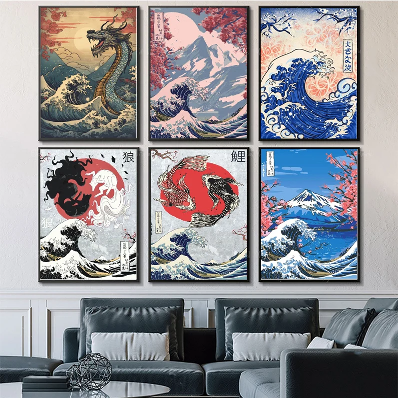 

Vintage Japan Art Great Wave Poster Self-adhesive Art Poster Whitepaper Prints Posters Artwork Aesthetic Art Wall Painting