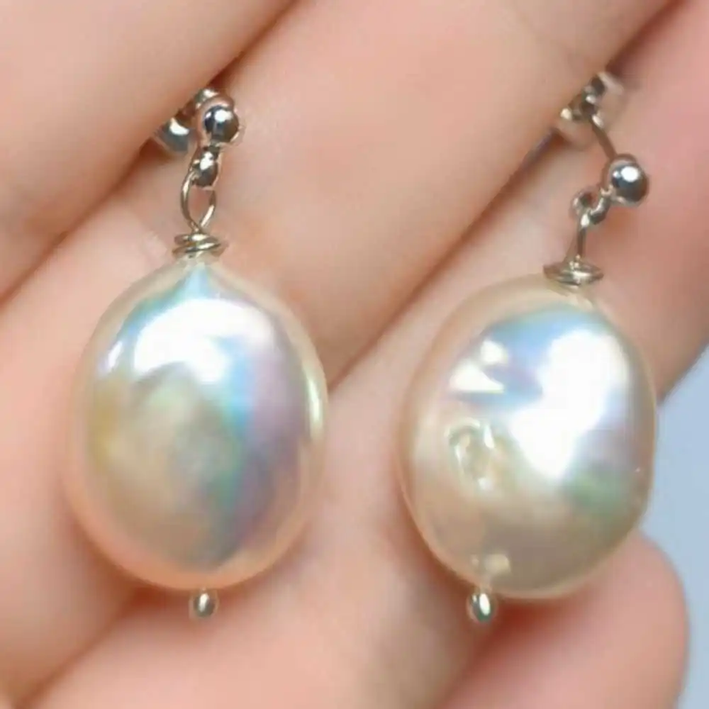 

15-16MM Natural AAA Baroque White Coin pearl Earrings 14K Lucky Ear stud Freshwater Gift Diy Halloween Holiday gifts