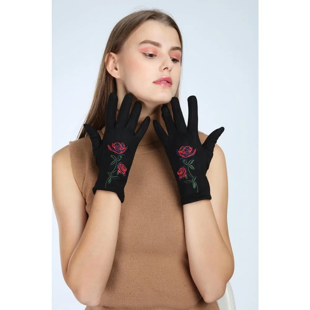 Dorlie Women Black Rose and Leaf Printed Touch Finger Suede Gloves