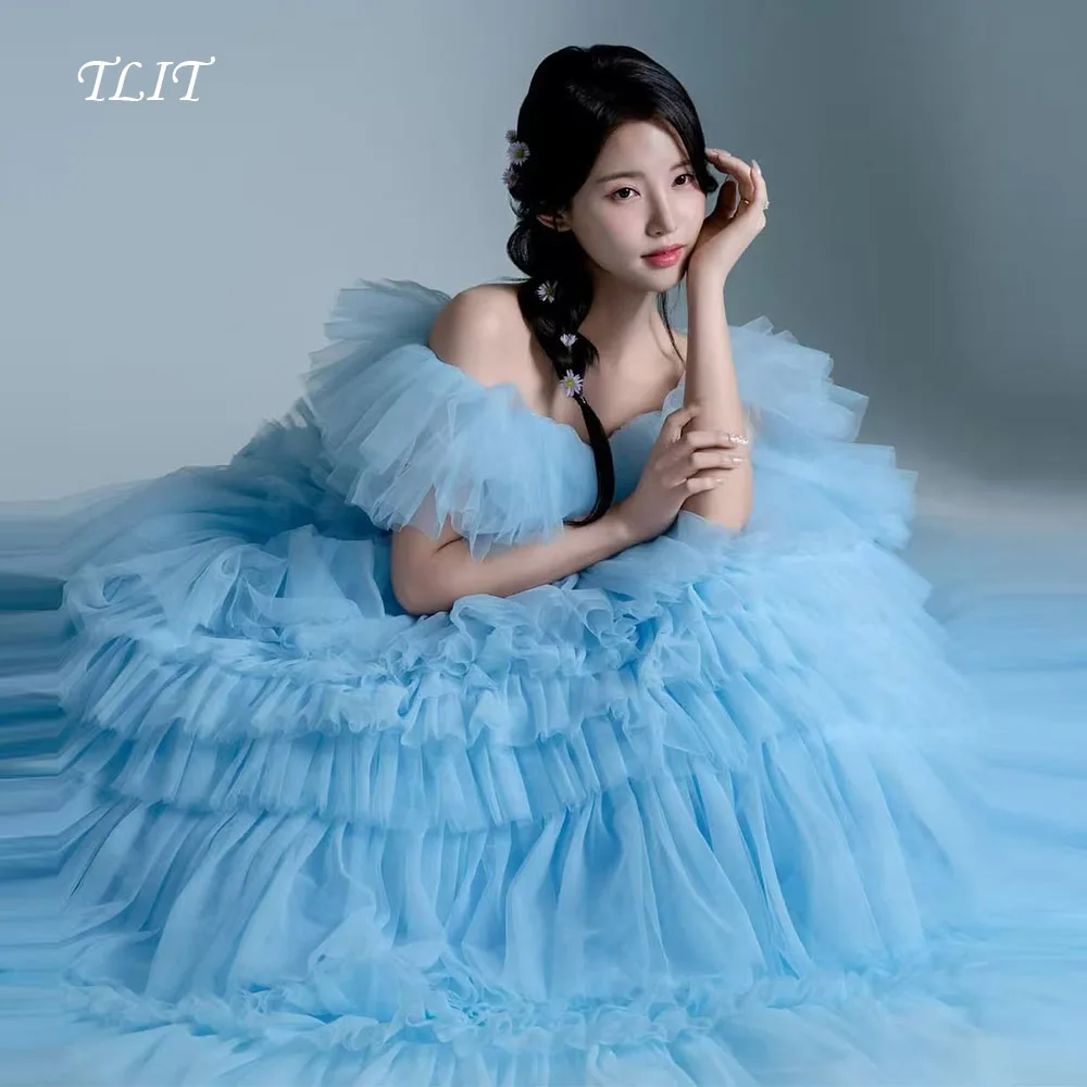 Фото TLIT 2025 Fairy Blue Мягкий тюль Многоуровневые вечерние платья с открытыми плечами Пром платья Корейское свадебное платье Фотосессия по индивидуальному заказу №1