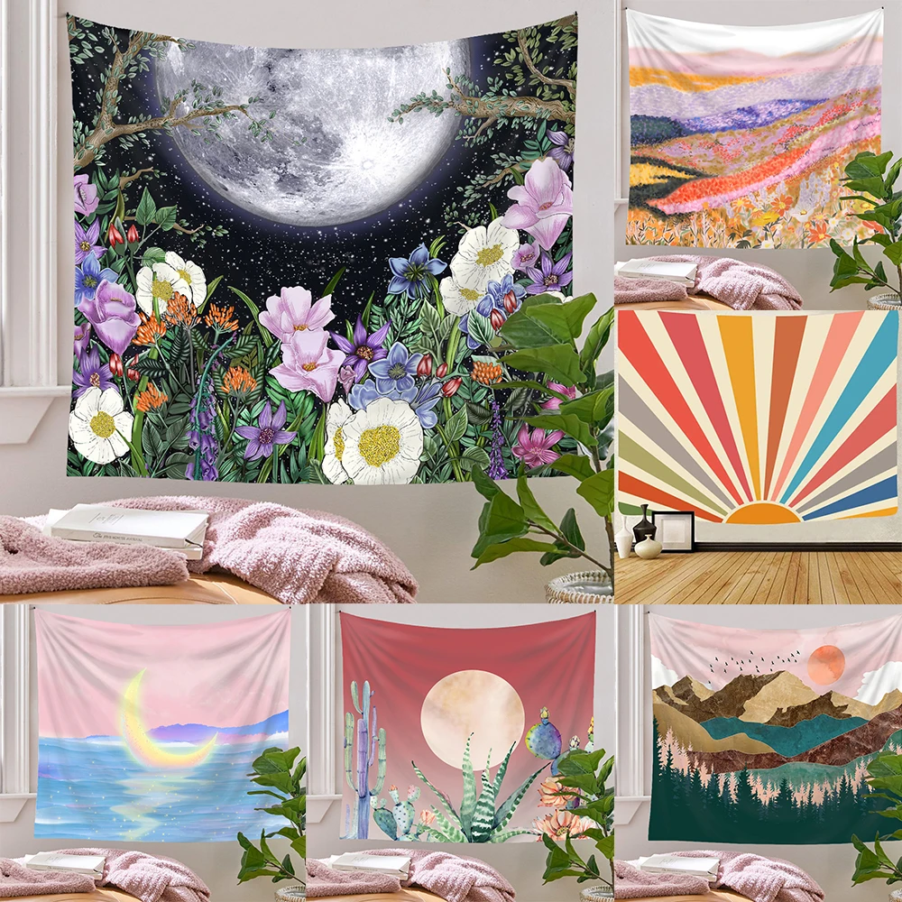 Черно-белая луна Солнце Мандала настенная ткань