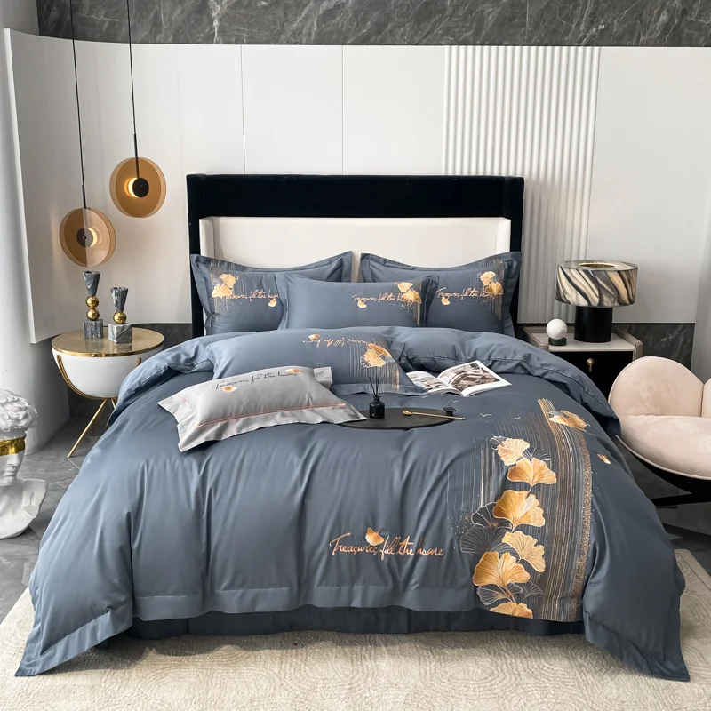 

Luxury Gold Ginkgo Leaves Embroidery 1000TC Egyptian Cotton ding Quilt/Duvet Cover Comforter Set Bed Linen Pillowcase