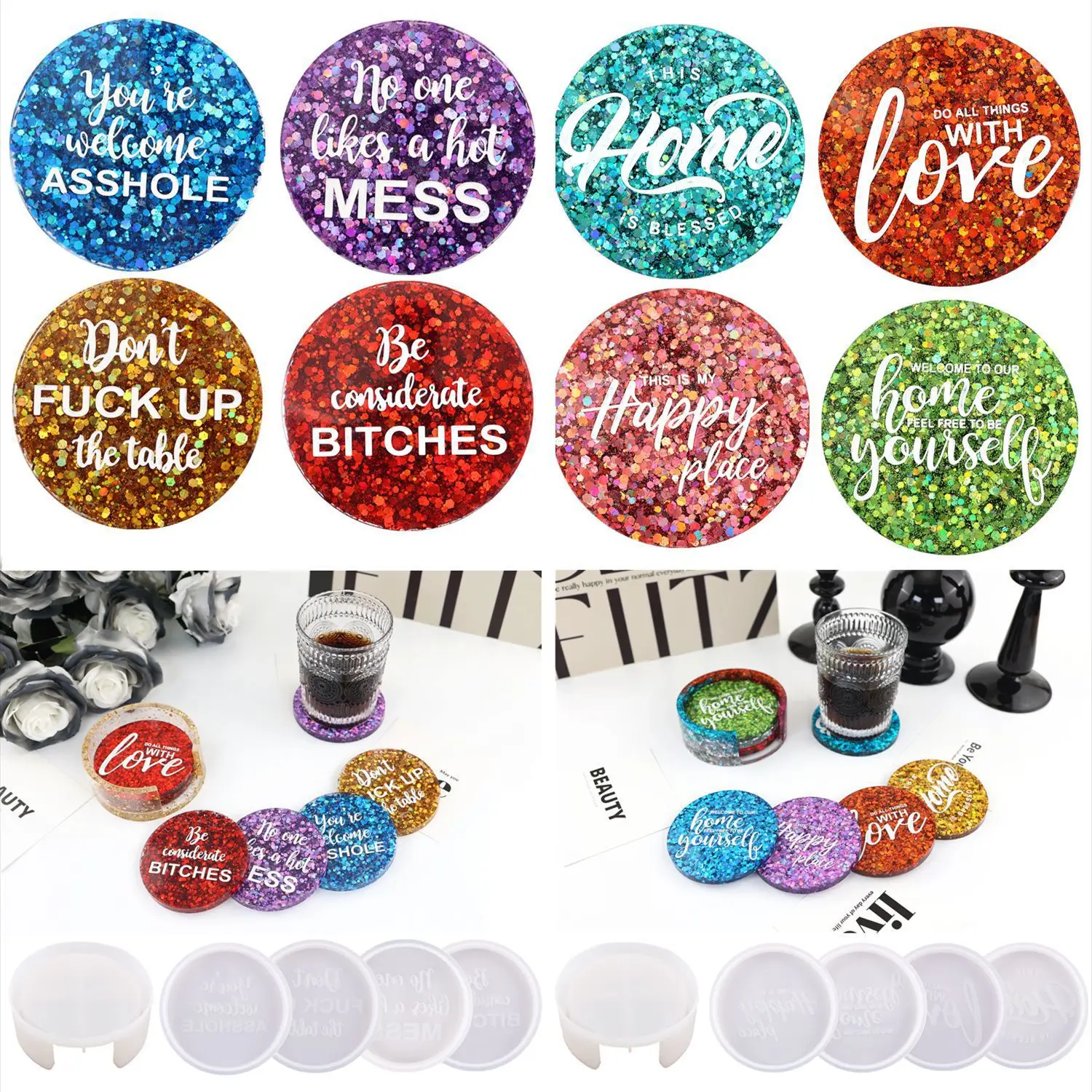 

Diy Crystal Epoxy Resin Coaster Mold English Alphabet Blessing Language Coaster Set Tea Cup Holder Silicone Mold