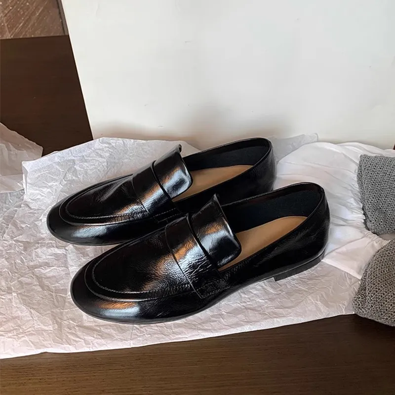 

Туфли женские с круглым носком, мягкая кожа, толстый каблук, однотонные лоферы, без застежки, осень