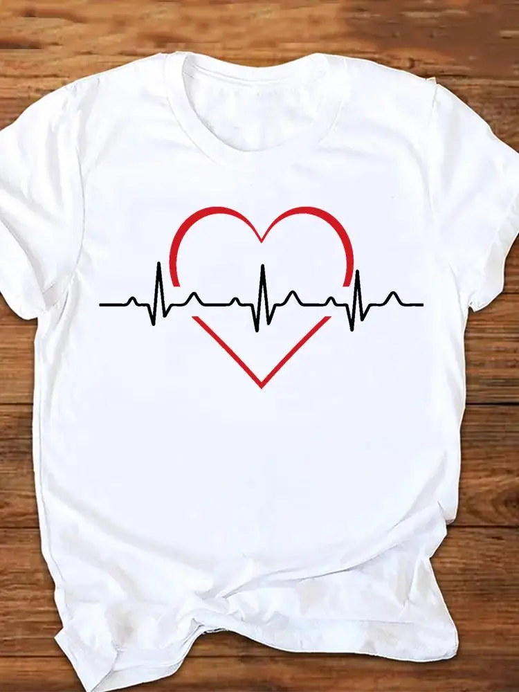 

Short Sleeve Graphic Tees Summer Fashion Ladies Women Cartoon Tshirts Love Heartbeat Spring Cute Tops Female Clothes T-Shirt