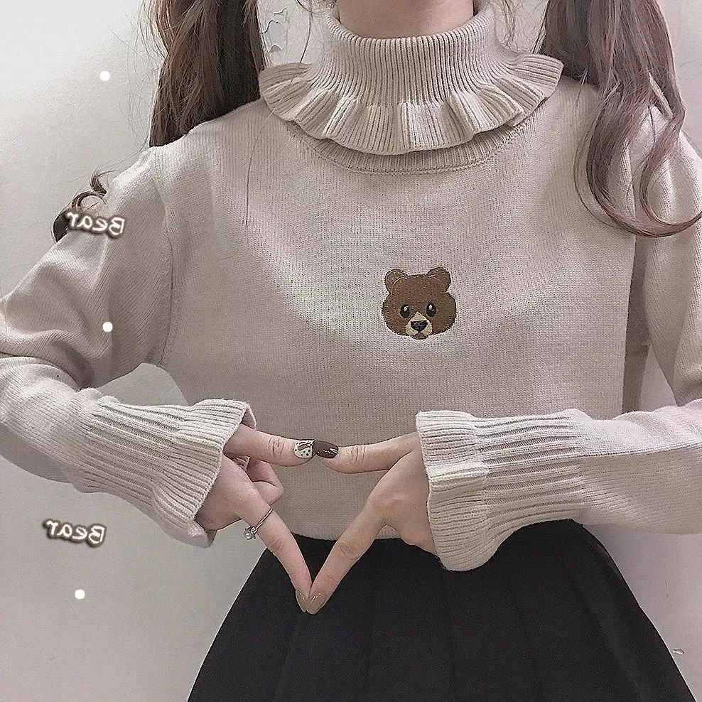 

2022New Harajuku Cute Bear Girl Turtleneck Sweater Vintage High Neck Kawaii Cream Ruffles Knitted Pullover Women Slim Jumper