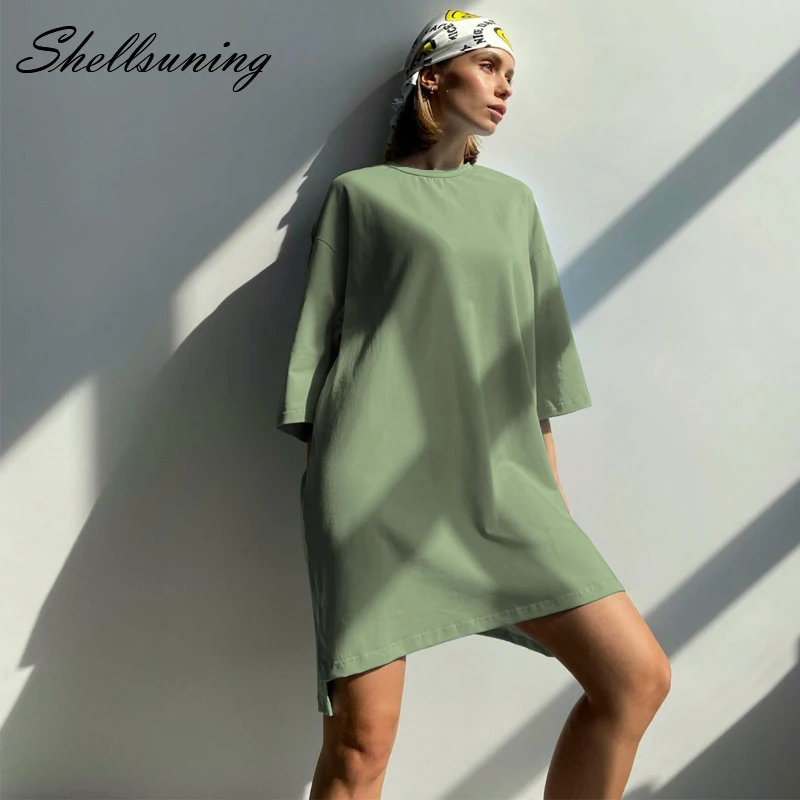 

Shellsuning Summer Loose Solid O Neck Dress Women Simple Basic Short Sleeve Mini Dresses Female Vintage Elegant Cotton Clothing
