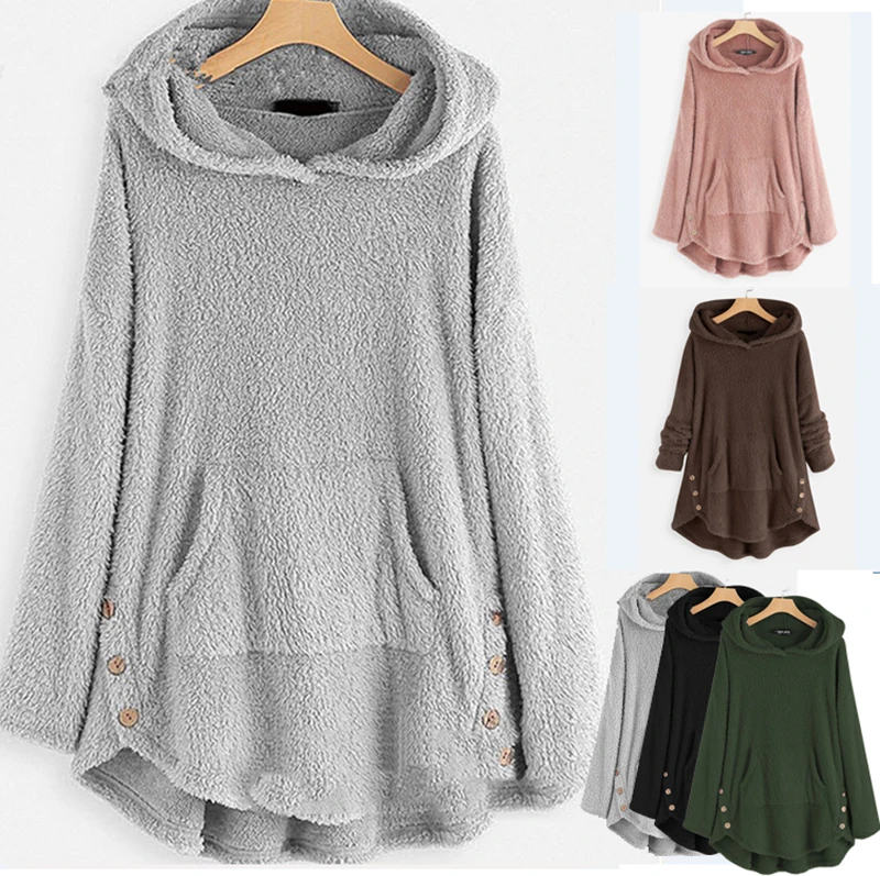 

Winter Women's Warm Fleece Hooded Jacket Long Sleeve Solid Color Sweater Hooded Pullover Sweatshirt Casual Loose Sweater Top