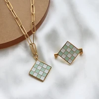 minimalist square charm pendant necklace fresh oil dripping cute brooch for women checkerboard shape enamel jewelry set