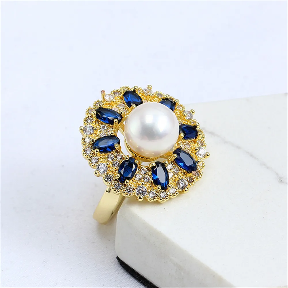 

14K gold injection DIY accessories ring large flower zirconium micro-setting pearl accessories empty bracket opening adjustable