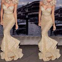 trendy spaghetti straps gold bling long prom dresses evening gowns lady sexy full length ruffles trumpet cocktail robe de soiree