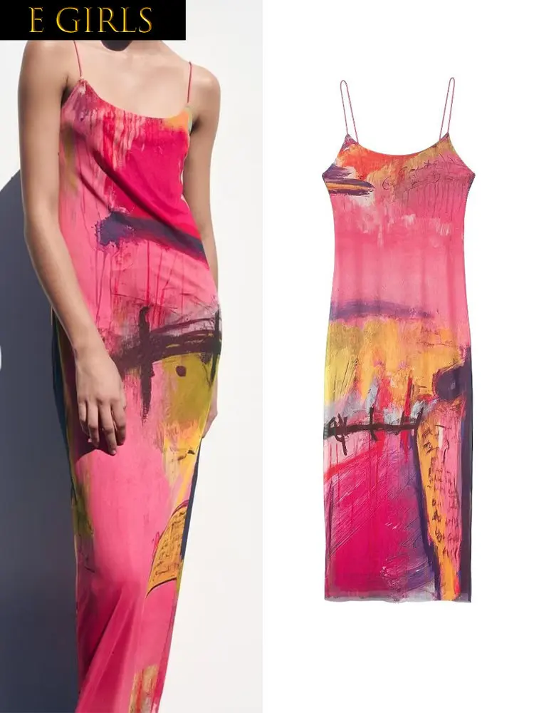 

E GIRLS New Summer Women Long Print Dress Elegant Slim Sling Elastic Vestidos Casual Sleeveless Dress Outwear