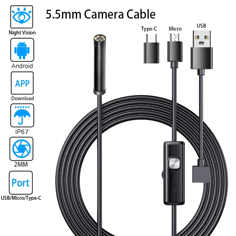 

Portable 5.5 5MM Android Endoscope 3in1 USB/Micro/Type-C Camera Smartphone for in Car Inspection