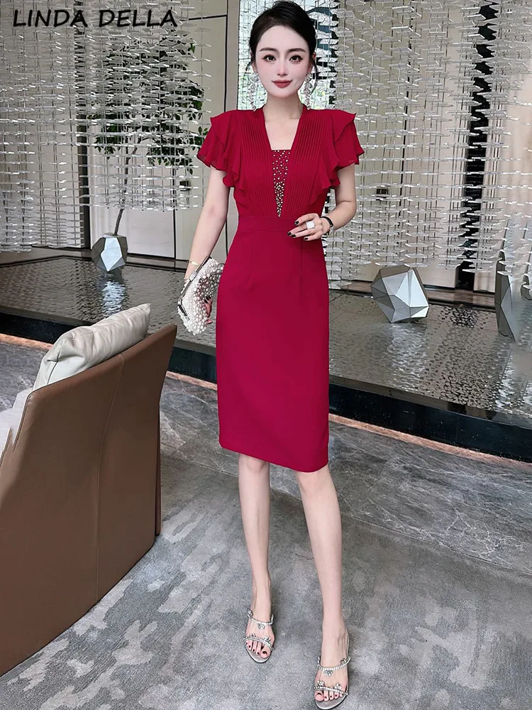 

Женское платье с оборками и бусинами LINDA DELLA, подиумное винтажное черное платье миди с V-образным вырезом, оборками и стразами, лето 2019