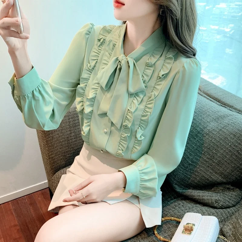 

Шифоновая женская блузка с круглым вырезом, Однотонная рубашка, летняя повседневная одежда, топ свободного кроя с длинным рукавом для женщи...