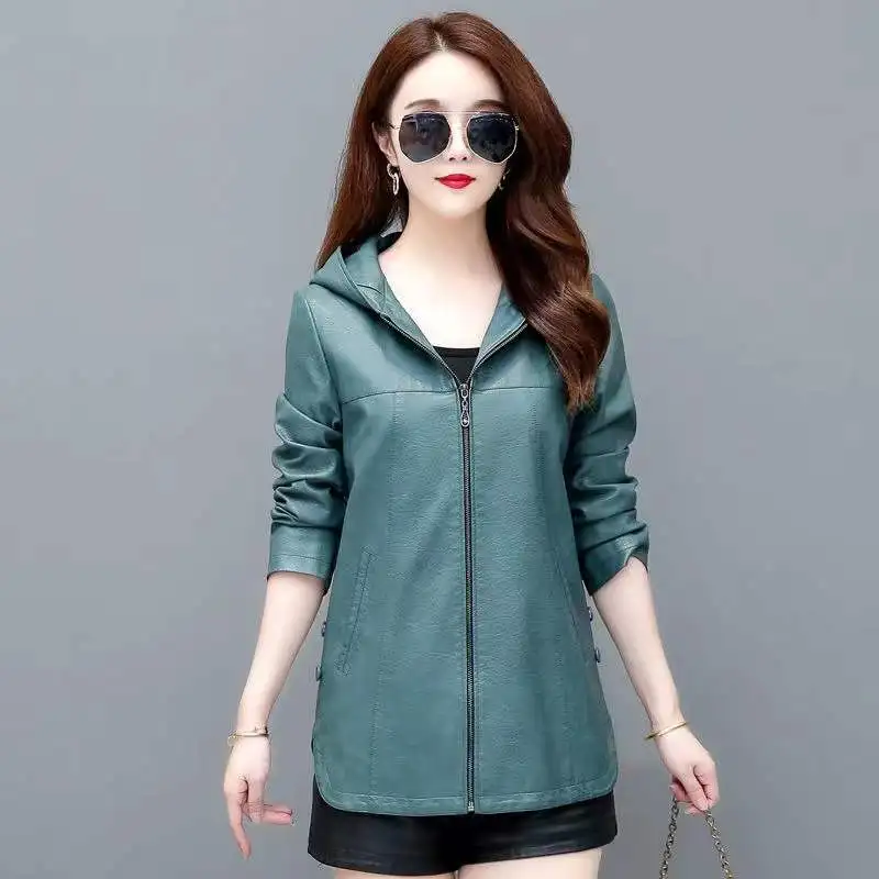 L-5XL New Woman Hooded Sheepskin Jacket Spring Autumn Fashion Casual Loose Mid-length Outerwear Split Leather Tops Coat Female