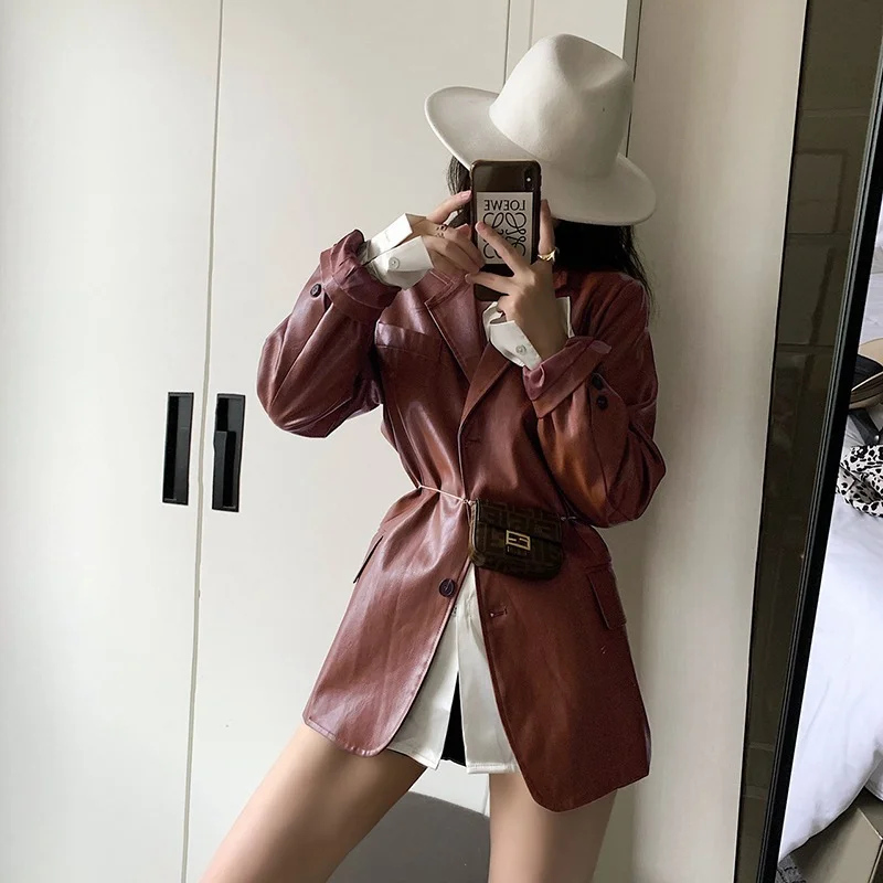 brown leather suit jacket women's long-sleeved soft light autumn and winter jacket jacket fashion autumn PU motorcycle suit