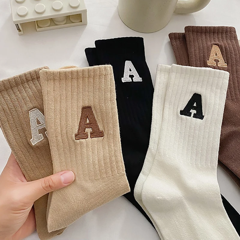 Embroidered Letter Cotton Socks Women Casual Long Korean Style Girl Students Japanese Fashion Socks Solid Color Cycling Sport