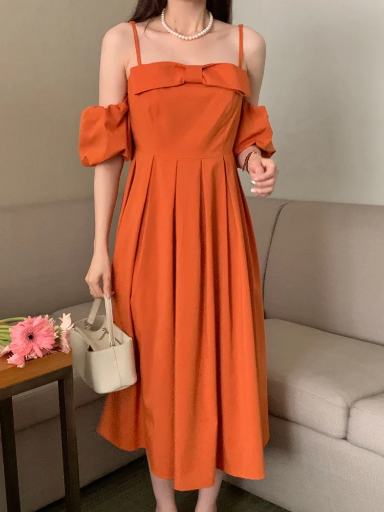 

Корейский шикарный воротник-лодочка с открытыми плечами и бантом с закрытой талией тонкий рукав-пузырь модель 2022 года для женщин Летняя Нов...