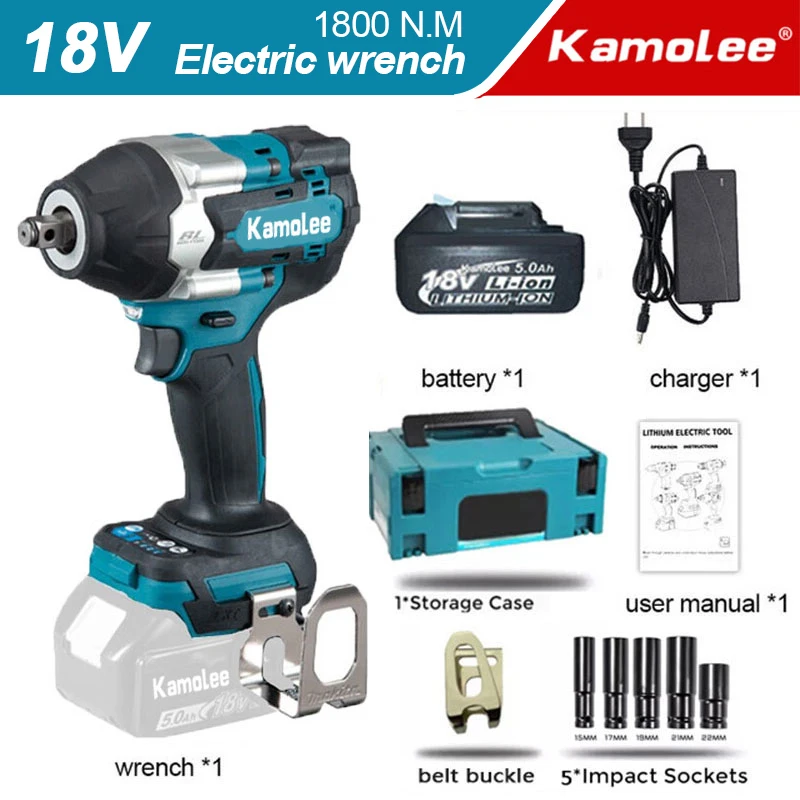

Kamolee1800N.m Electric Impact Wrench Brushless High Torque Electric Tool 1/2 Inch, with Battery,Suitable for 18V Makita Battery