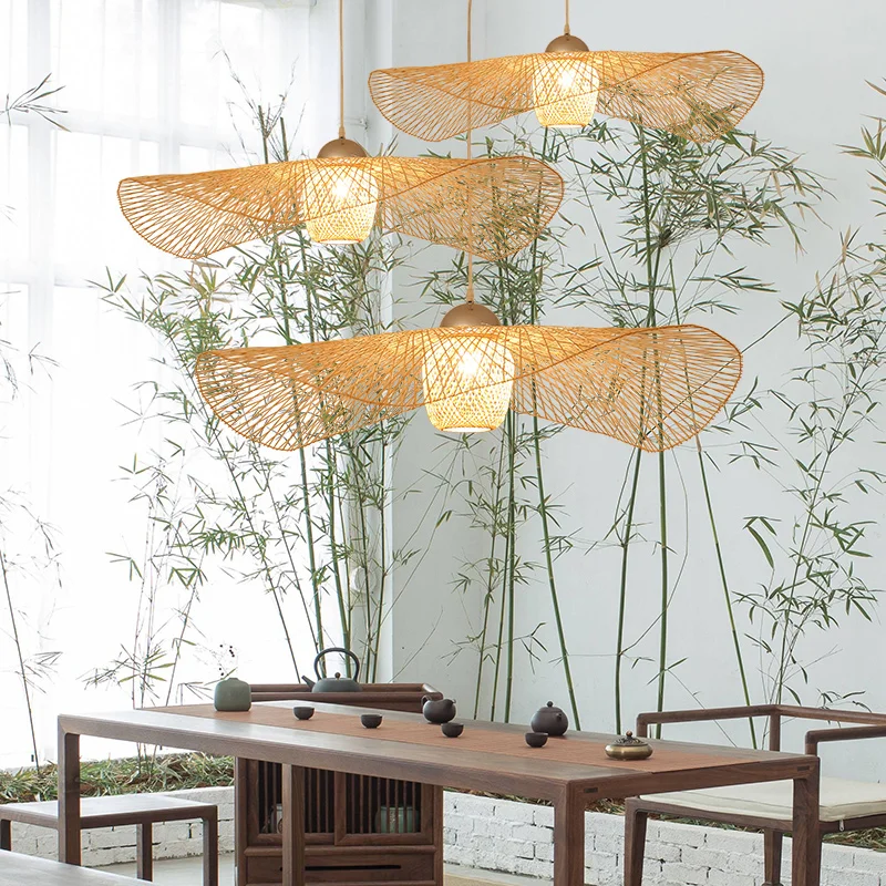 Chinese Bamboo Weaving Wicker Rattan Shade Cap Pendant Light E27 lamps Lanterns Handmade Living Room Hotel Pendant Lamps