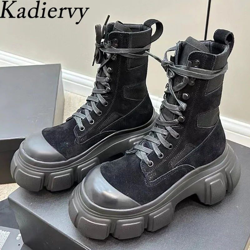 

Ботинки женские короткие, замша, кожа, круглый носок, плоская платформа, толстая подошва, мотоциклетные сапоги, черные