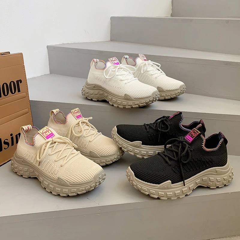

Women's Casual Sneakers Fly Woven Mesh Breathable Comfortable Running Outdoor Sports Walking Shoes Fashion Thick Sole Lace Up