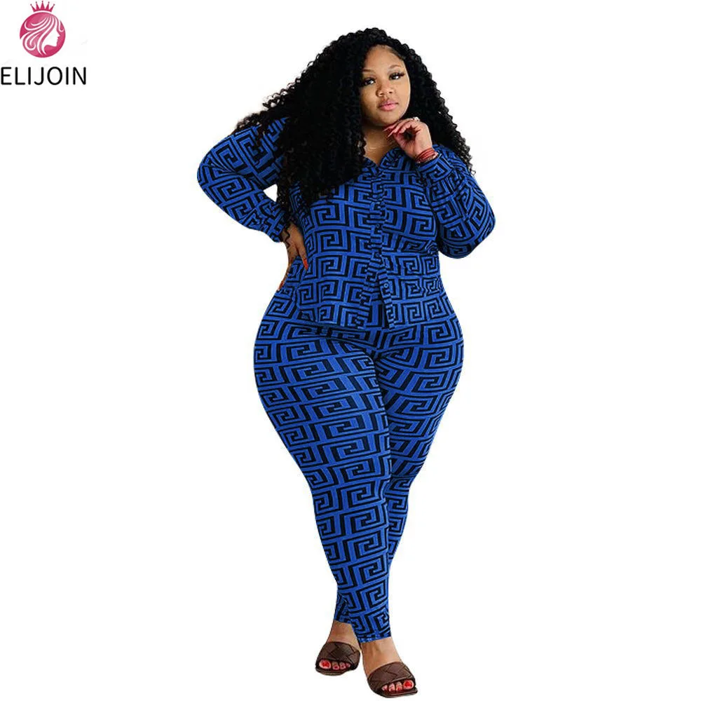 ELIJOIN Europe and America Long Sleeve Jacket Pants 2-piece retro chic pattern plus size suit exquisite fashion shirt |