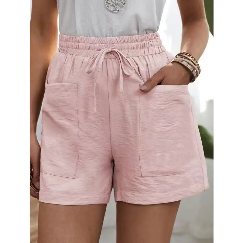 Casual Cotton Linen women's Shorts Wide Leg Elastic High Waist Shorts With Pockets Summer Female Clothing