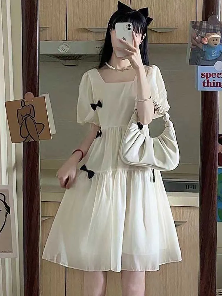 

Женское платье в Корейском стиле, Вечерние Платья-мини для женщин, модные женские халаты с бантом, лето 2022, шикарные платья с пышными рукавам...