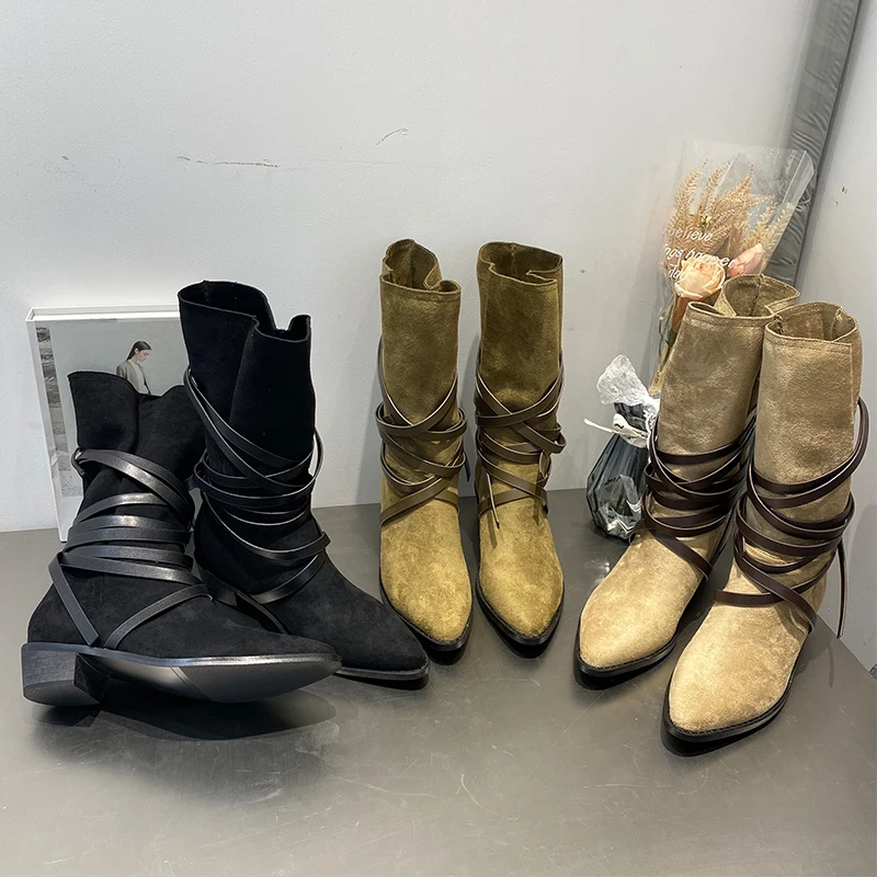 

Modern Boots For Women Khaki Female Shoes Fashion Gladiator Chelsea Med Heel Ladies Rubber Cross-Tied Western Mid-Calf Boots