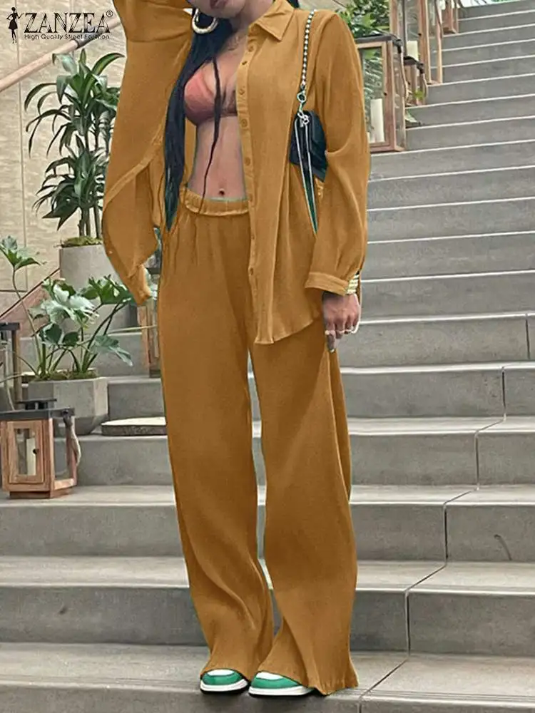 

Комплект брюк ZANZEA женский с широкими штанинами, уличная одежда, длинная рубашка с лацканами, Модный повседневный свободный костюм из 2 предм...