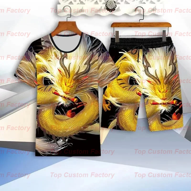 New Men's 2-Piece Summer Short Sleeve Suit Dragon 3 Print Sports Suit Street Jogger Clothing Fashion Oversized Tracksuit Outfits