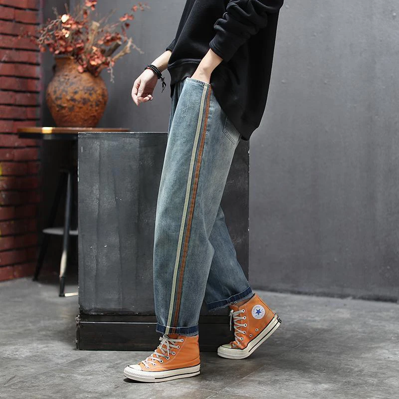 

New Arrival Spring Women Elastic Waist Loose Jeans All-matched Casual Cotton Denim Harem Pants Side Stripe Vintage Jeans S612