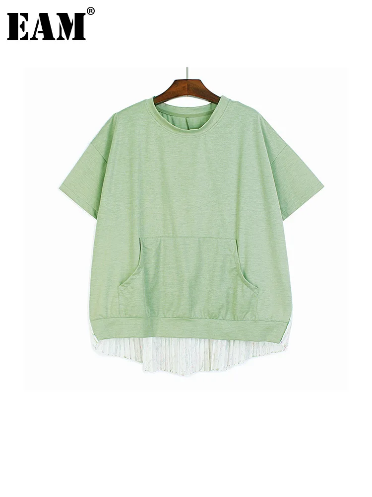 

[EAM] женская зеленая плиссированная футболка большого размера с принтом сзади, новая модная футболка с круглым вырезом и коротким рукавом, в...