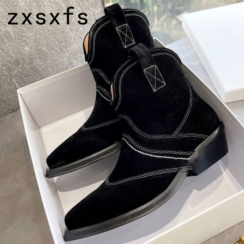 

Классические женские ботильоны челси с вышивкой и заостренным носком, замшевые ботинки в стиле пэчворк, короткие ботинки из натуральной кожи на массивном каблуке, модель 2022 года