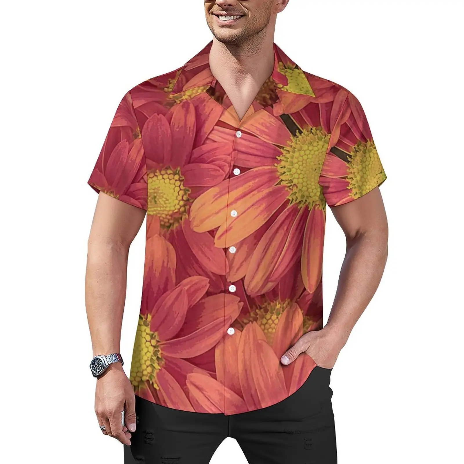 

Pink Sunflower Casual Shirt Elegant Flower Print Beach Loose Shirt Hawaiian Streetwear Blouses Short Sleeve Graphic Oversize Top