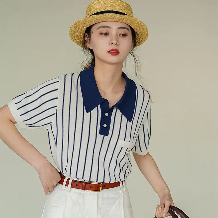 

2022 Summer Korea Ins ColorSlim Button Polo Collar Short-sleeved Thin Ice Silk Knitted T-shirt