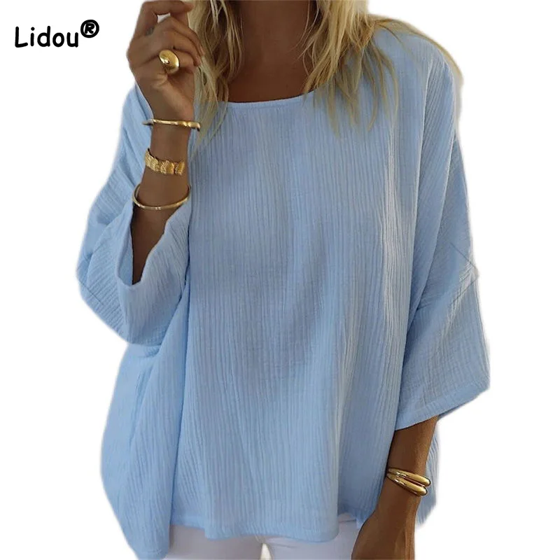 

Футболка женская оверсайз с круглым вырезом, однотонный Свободный Повседневный пуловер с рукавами три четверти и полосками, синий топ, весн...