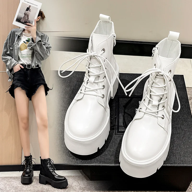 

2022 Women White Martin Ankle Boots High Heels Shoes Quality Waterproof Platform Boots Sapatos Mulher