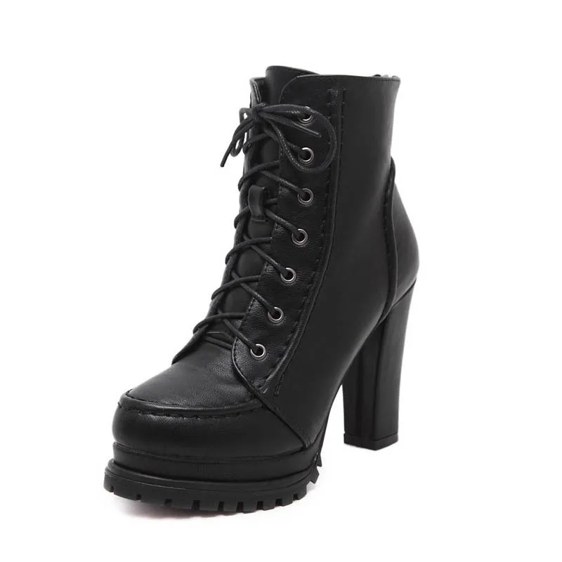 

Женские ботинки на Высоком толстом каблуке, водонепроницаемые ботинки мартинсы на платформе с круглым носком и перекрестными ремешками, зи...