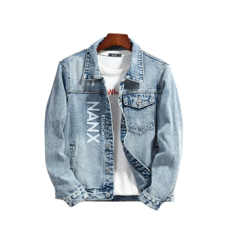 

Men Light Blue Denim Jackets Letter Embroidery Jeans Jackets High Quality Male Slim Fit Denim Coats Men Patchwork Jacket 4XL