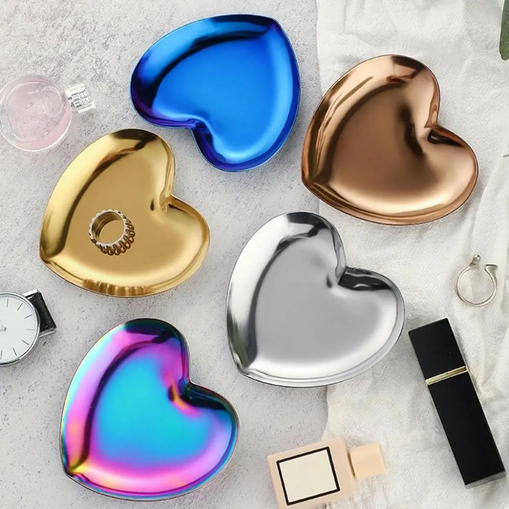 

Nordic Stainless Steel Storage Tray Dish Jewelry Ring Organizer Bread Dessert Snack Plate Golden Heart Shaped Plate Home Decor