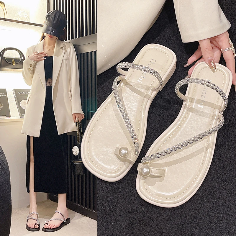 

2023 Flip Flop Beach Shoes Fashion Crystal Slip on Soft Flats Women Slippers Casual Outdoor Silver Slides Summer Female Sandals